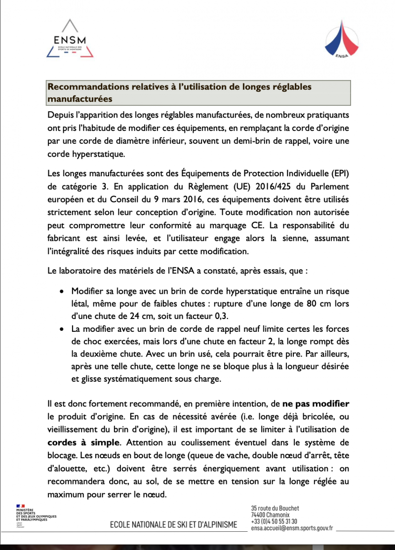 Recommandations sur lutilisation des longes réglables Recommandations sur lutilisation des longes réglables