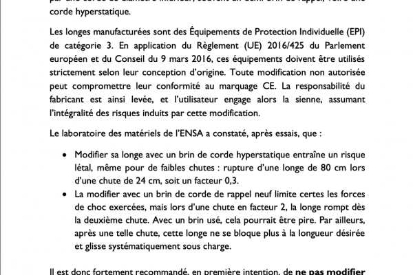 Recommandations sur lutilisation des longes réglables