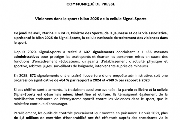 Communiqué de presse - Violences dans le sport : bilan 2025 de la cellule Signal-Sports